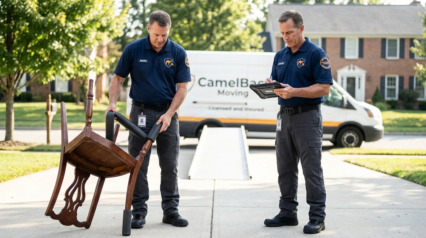 Movers inspecting furniture for damage prevention before loading in Nixa, MO